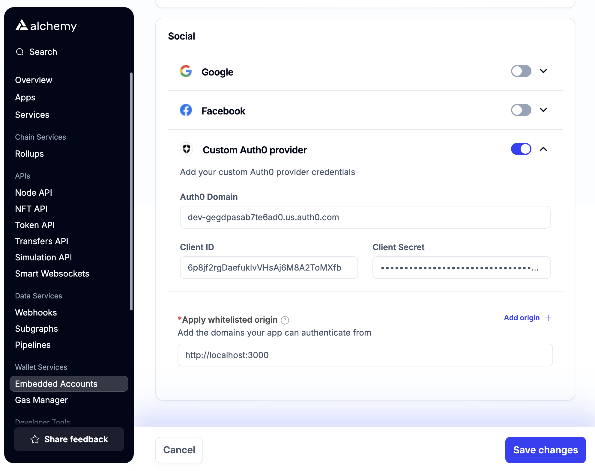 Copy fields from Auth0 to the Alchemy accounts config