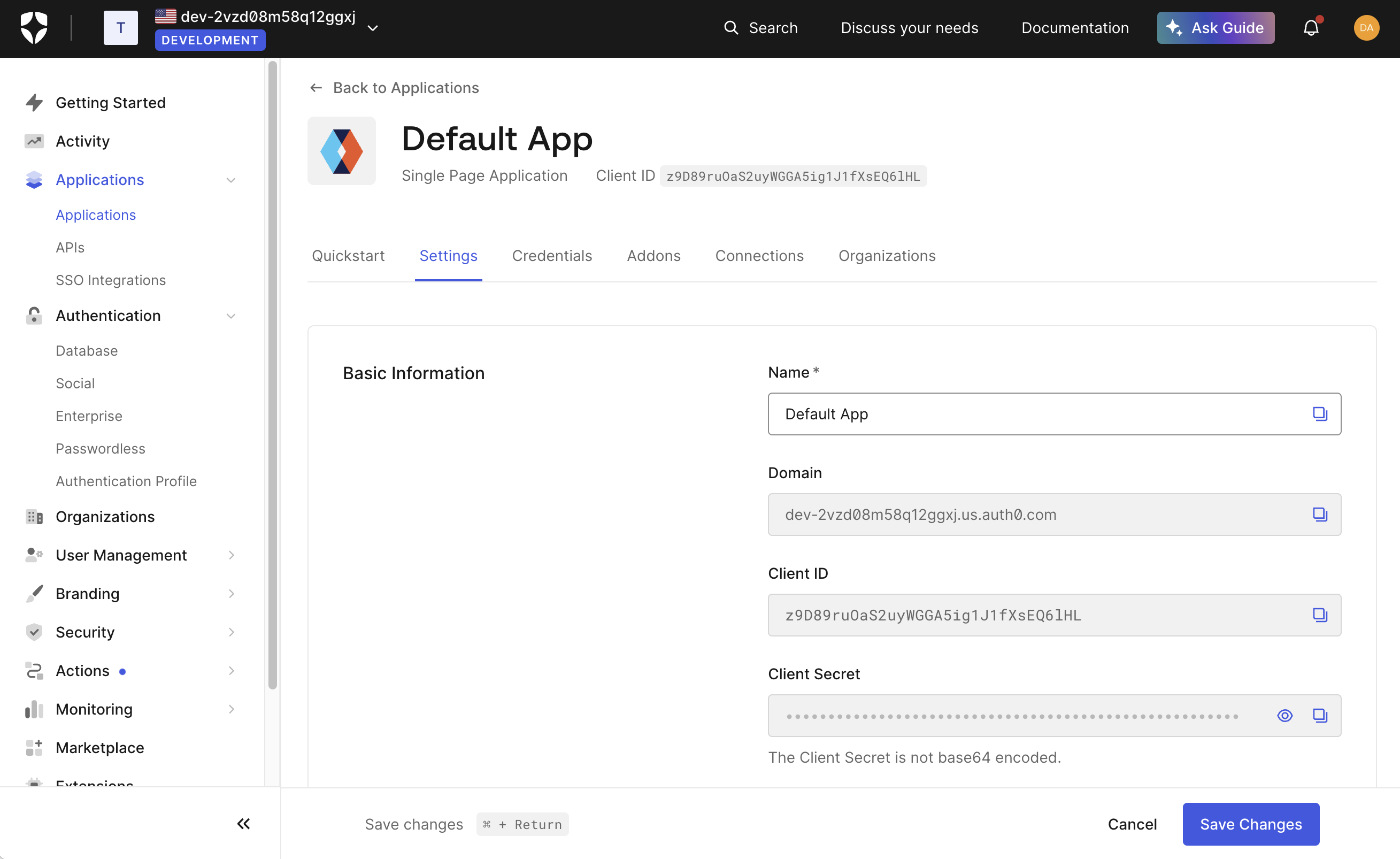 Settings page in Auth0 with relevant fields