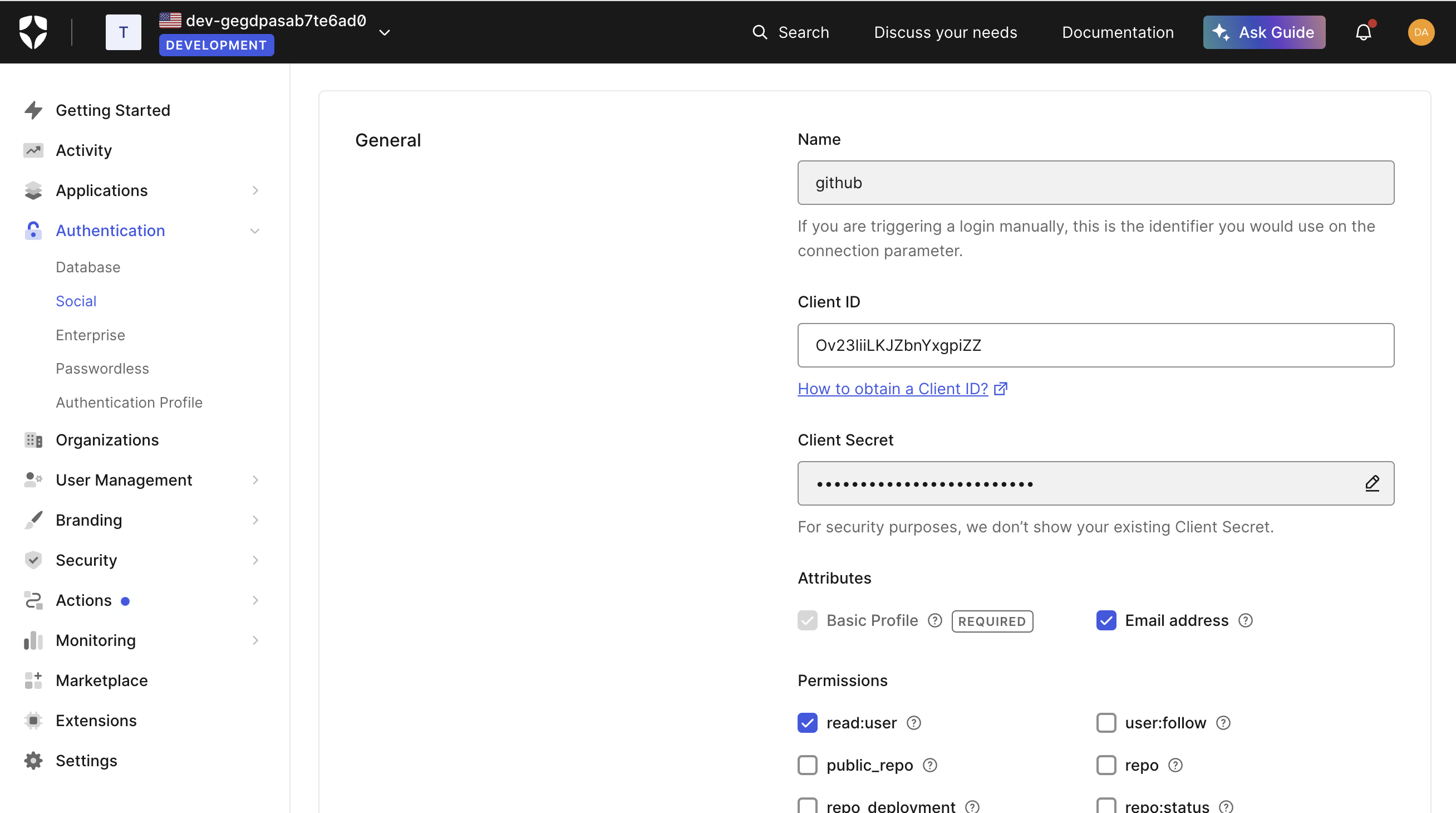 Configure Github auth provider settings Auth0