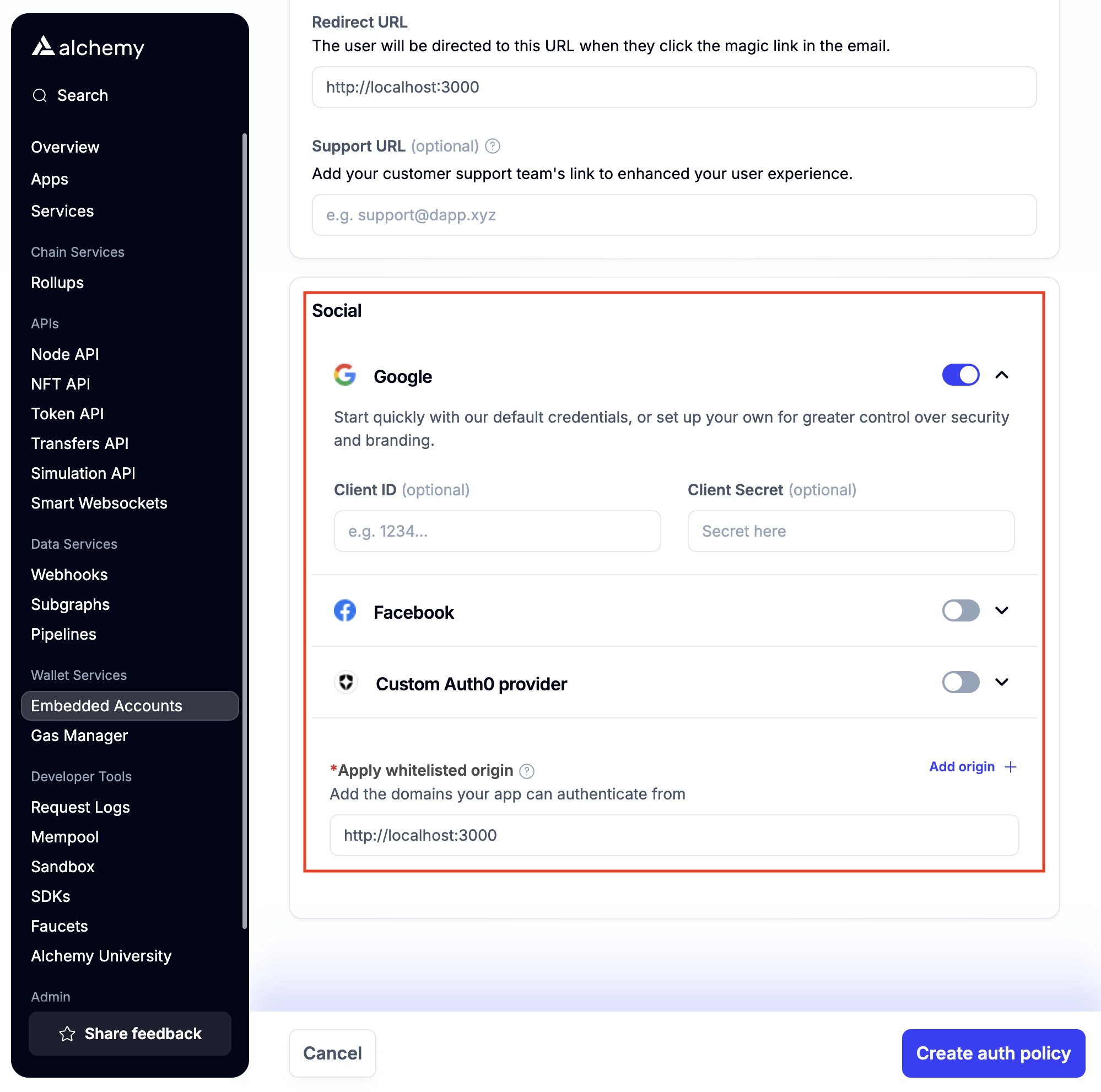 alchemy create new embedded account config highlighting where to configure social login