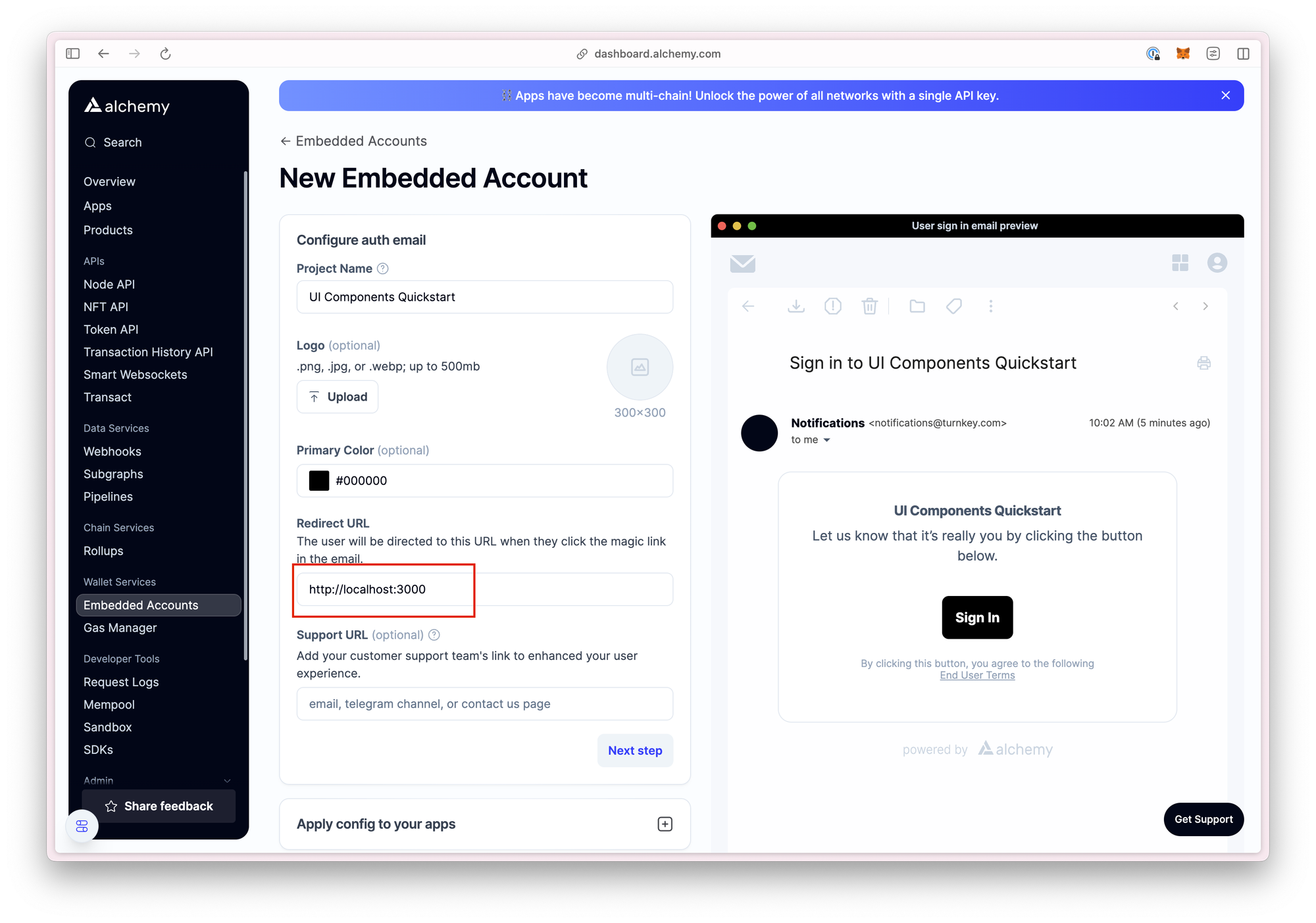 alchemy create new embedded account config highlighting where to set localhost